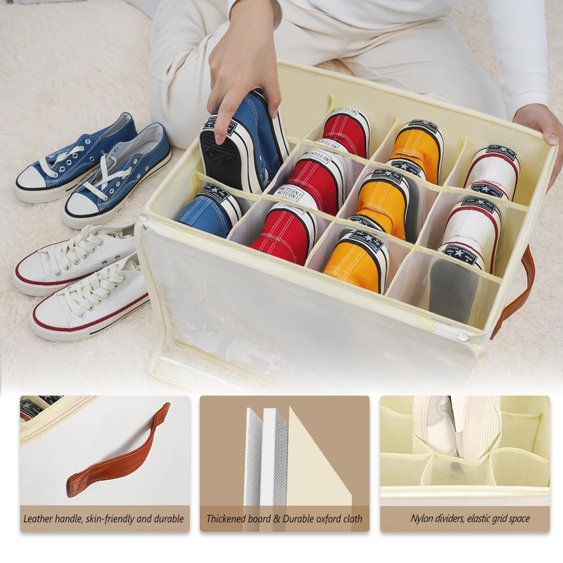 2 Pack Shoe Storage Box Organizer- 24 Cell Space Saver Shoes Containers Bin With Clear Lids Stackable, Can Fit Ottoman, Foldable Shoe Rack Cabinet Cubby