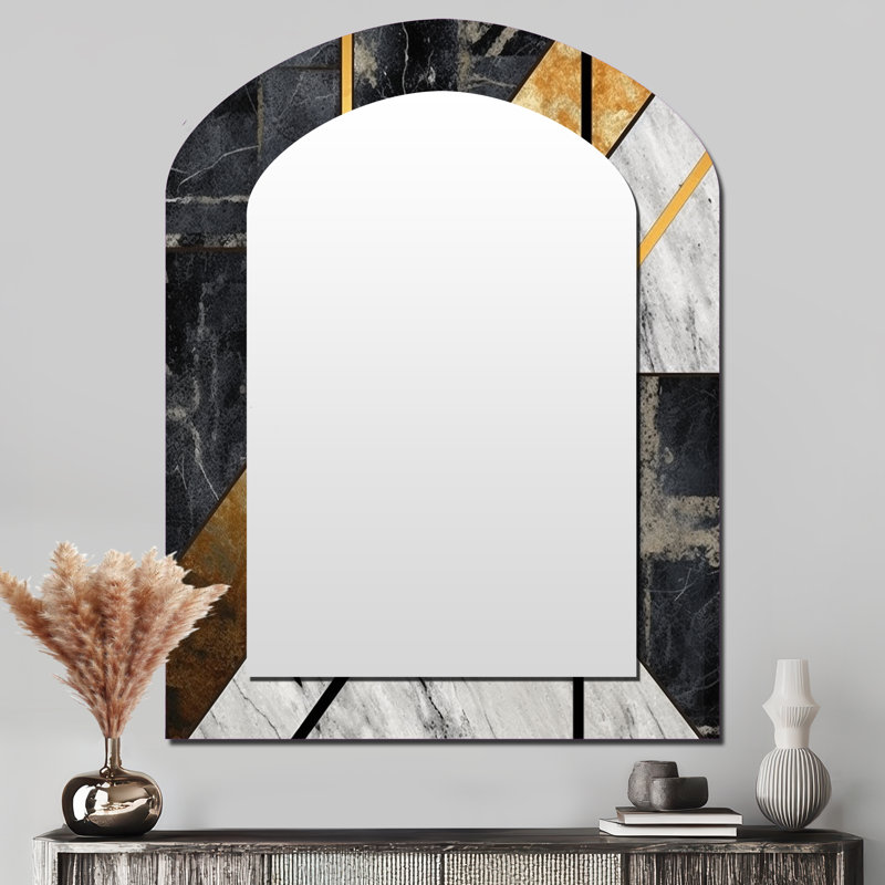 Koeller Marble Granite Agate With Touches Of Gold IX - Geometric Arch Wall Mirror, Grey Asymmetrical Decorative Mirror, Printed Metal Art