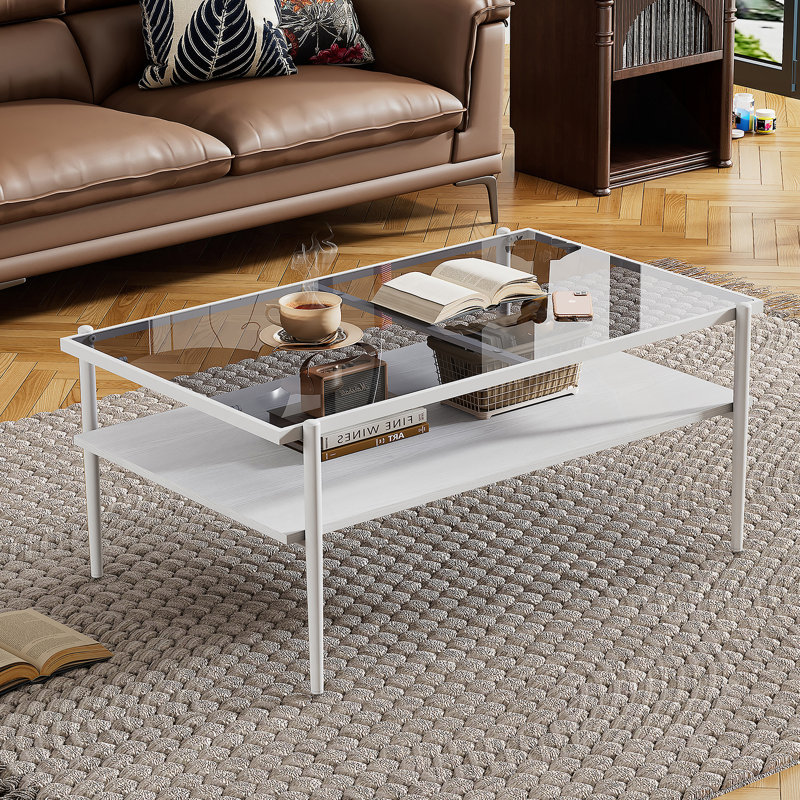 Rectangle Coffee Table with Tempered Glass top and Legs,Modern Table for Living Room, White