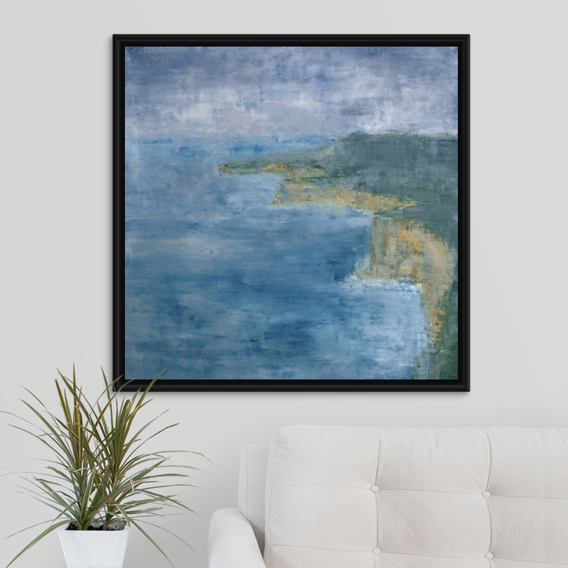 « seaside falaises », peinture sur toile, H 31,7 po x l 31,7 po x p 1,75 po, Cadre flottant noir
