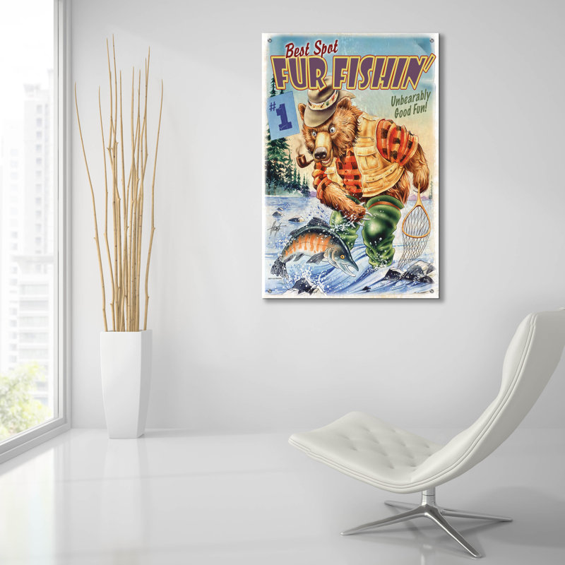 «Bear Fishing» par James Mazzotta, art mural en verre acrylique, H 36 po x l 24 po x P 0,2 po