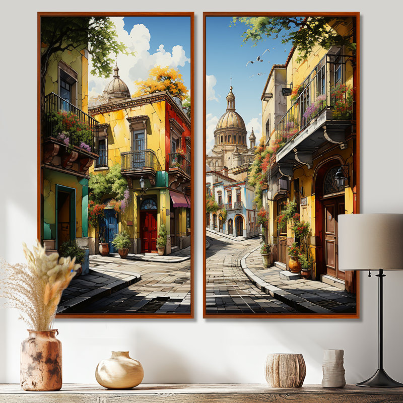 «Mexico Fiesta City II», art mural jaune, 20" H x 24" W, Framed Print without Mat, Brown