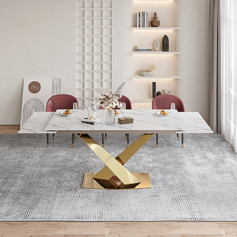 63" To 94.5" Extendable Dining Table For 8-10 With Rectangular Sintered Stone Dining Top And Steel Base, Snow Mountain White