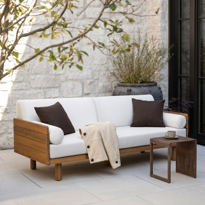Denton Modern Acacia Wood Outdoor 3-Seat Patio Sofa with Water-Repellent Cushions and Removable Bolster Pillows