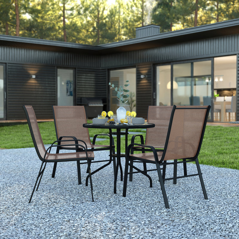 Elgin 5 Piece Patio Dining Set - Glass Table, 4 Flex Stack Chairs, Brown