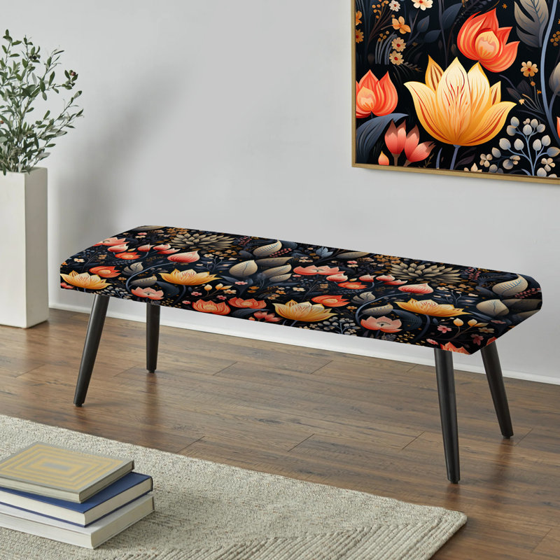 Banc rembourré floral noir, Retraite florale tropicale rouge jungle II