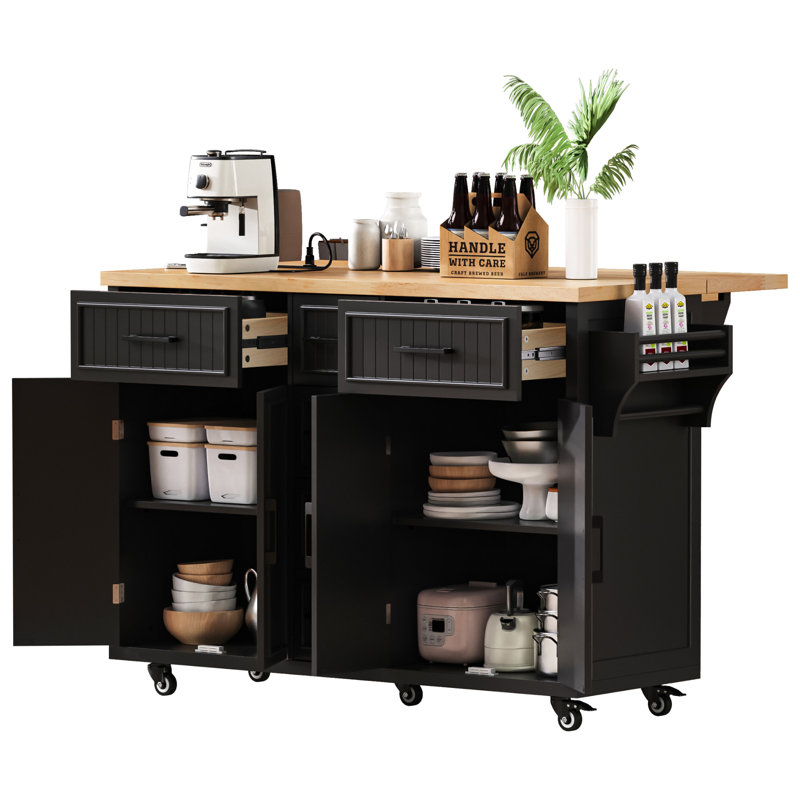 56.5'' Kitchen Island With Drop Leaf, Black