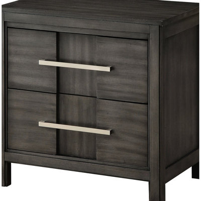 1Pc Gray Bedside Table In Transitional Style, 2 Drawers, Felt - Lined Top, Solid Wood And Nickel Bar Pull For Bedroom Use Nightstand Contemporary Veneer Decor