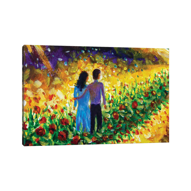 Couple In Love, Family, Boyfriend And Girlfriend Walk Flower Road In Cosmos To Their Dream by Valery Rybakow - Wrapped Canvas Gallery-Wrapped Canvas Giclée