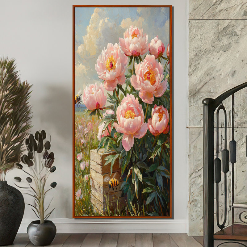 Pivoines par la ruche - art mural pivoines, H 60 po x l 28 po, Impression encadrée sans passe-partout, Brun
