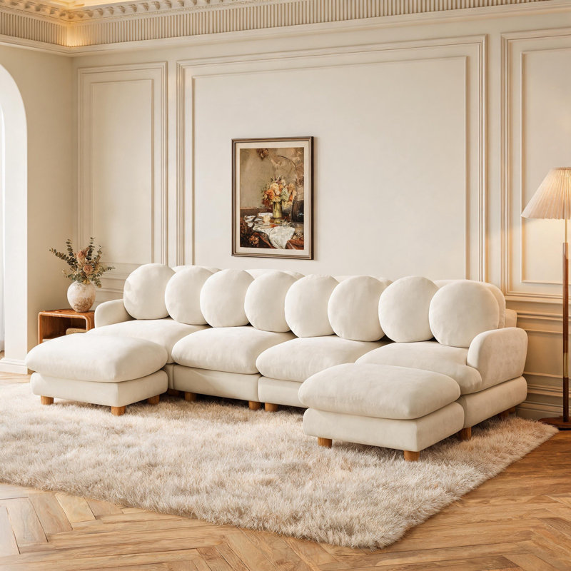 Grand canapé modulaire en chenille 4 places avec repose-pieds, Beige