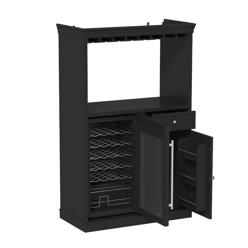 Bar 40 po noir avec refroidisseur à vin de 34 bouteilles, porte-verres à pied, tiroir, rangement de porte et huche de station de boissons