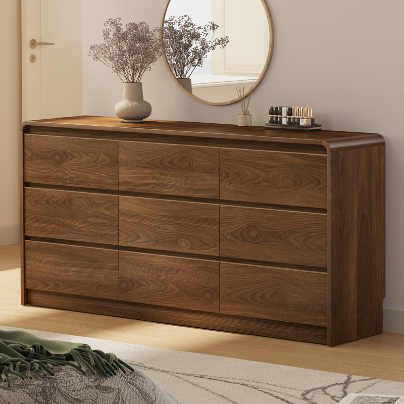 Commode pour chambre à coucher, 160 cm, 9 tiroirs, en bois, certifiée FSC, finition noyer, style moderne du milieu du siècle, coins arrondis pour la sécurité des enfants et des animaux, montage facile