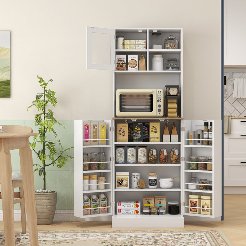 Garde-manger avec support à micro-ondes, armoire de rangement de cuisine autoportante avec huche, 8 tablettes de porte, tablettes réglables, garde-manger