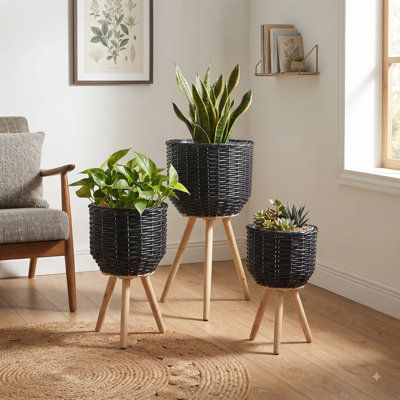Ensemble de 3 jardinières en polyrotin avec pattes en bois, jardinières d'intérieur/extérieur texturées en corde noire pour salon, coin d'entrée