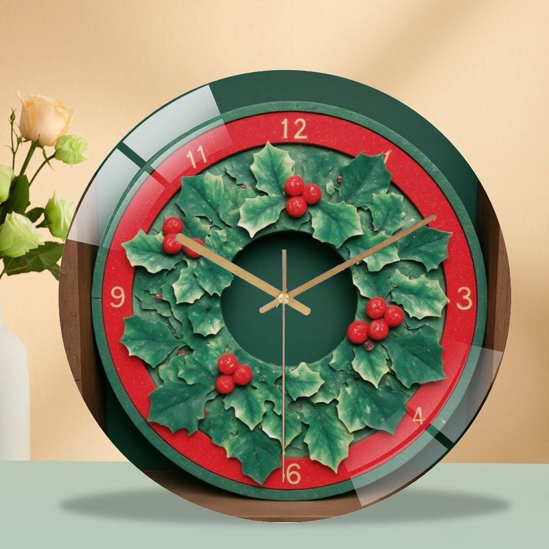 Horloge murale de Noël-Horloge-Couronne-avec-houx-et-baies