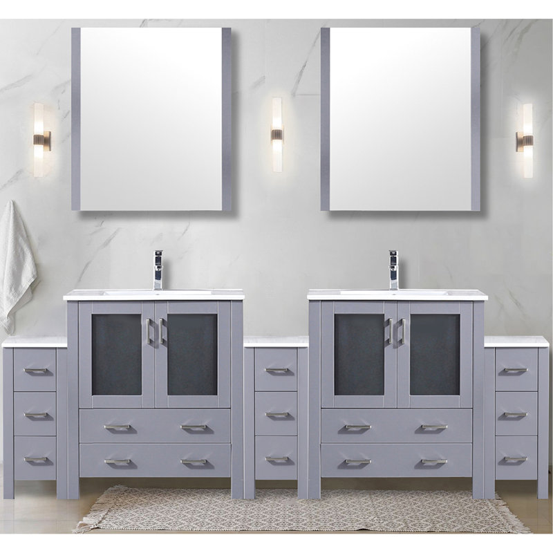 Gris foncé 96 po Large meuble-lavabo double avec armoires latérales, comptoir en céramique blanche, 28 miroirs et robinet en acier inoxydable, teinture pour salle de bain à long terme