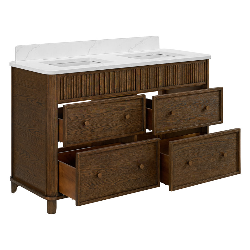 Meuble-lavabo double 54 po avec comptoir Statuario, Chêne brun rehaussé, 54"
