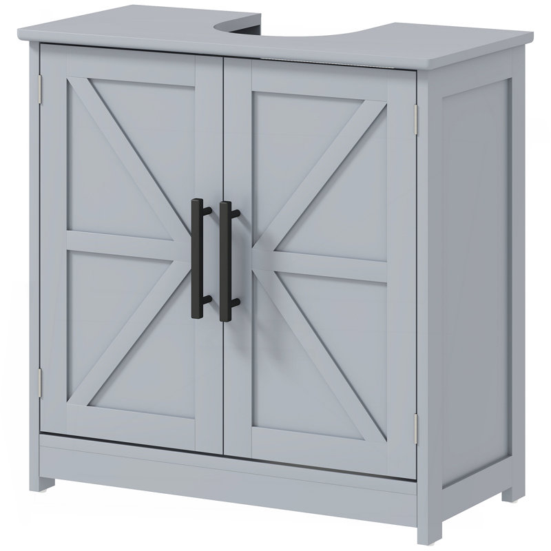 Armoire de rangement à piédestal, lavabo de salle de bain avec 2 portes de grange et tablette réglable, gris foncé (sans lavabo)