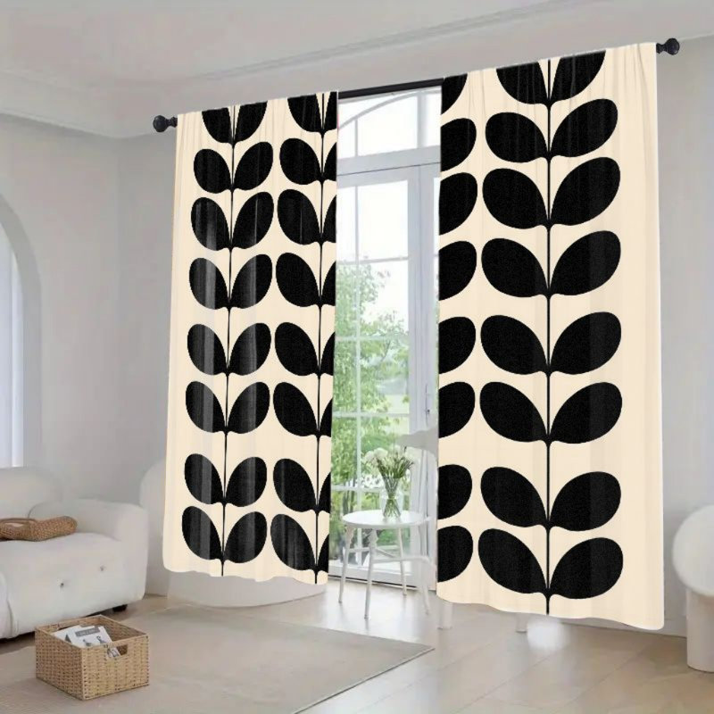 2Pcs Retro Black Leaf Pattern Curtains, Mid Century Modern Abstract Botanical Print Window Drapes for Living Room Bedroom Kitchen Rod Pocket Treatment, Boho Home Decor