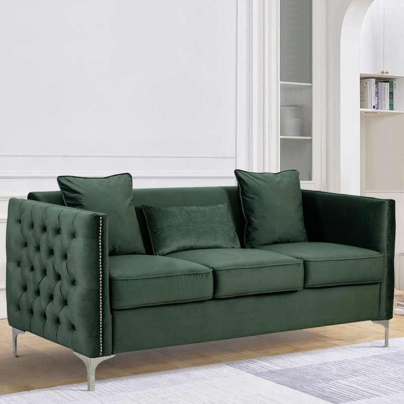 Canapé en velours mauve avec 3 coussins, Velours vert