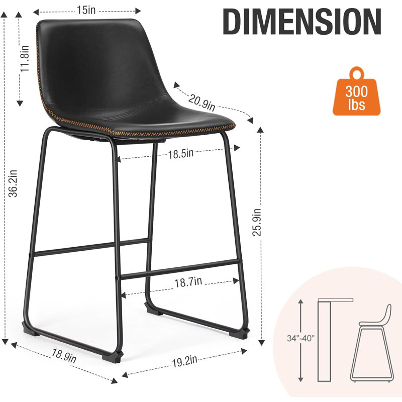 Counter Height Bar Stools Set of 4, 26 inch Leather Barstools Modern Bar Stools with Back, Counter Stool Armless Bar Chairs with Metal Legs, Footrest