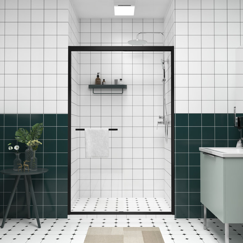 44 - 48" Adjustable Width Aluminum Frame Double Sliding Shower Door With Mute Rollers, Reversible Mounting Design Option