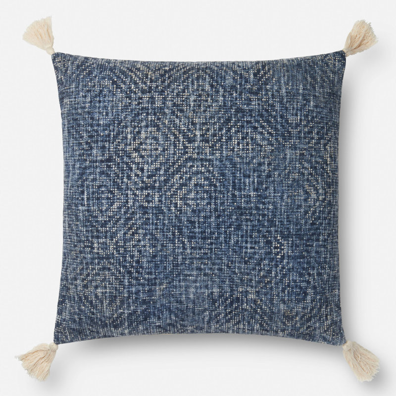 Dark Blue Embroidered Cotton Square Pillow with Tassels