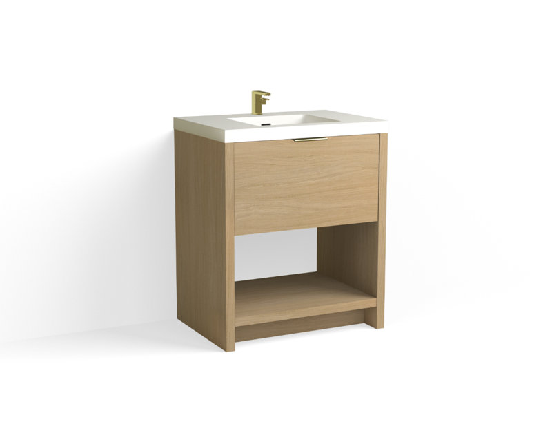 Vista 30" W Freestanding Single Bathroom Vanity, Biondo/Satin Brass, Single-Hole, White Matte
