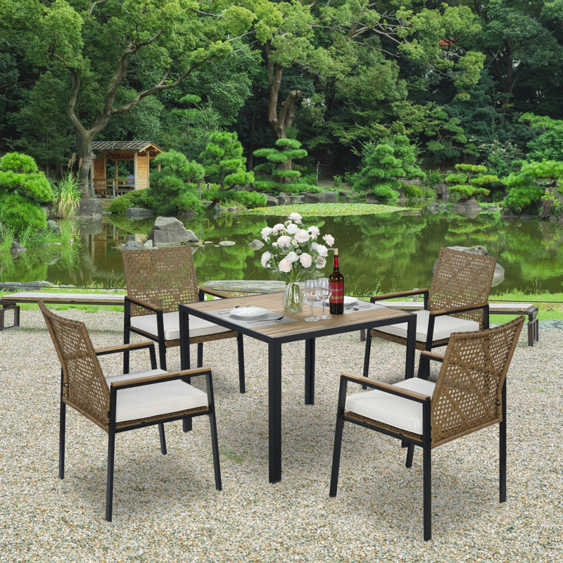 Ensemble de table de salle à manger 5 pièces avec trou pour parasol, Beige/brun