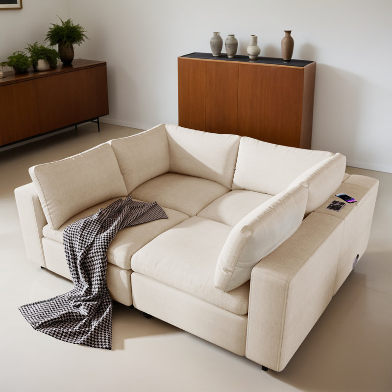 Modern Modular Sleeper Sectional Sofa Bed with Storage Space and USB Charge Ports and Built-in Bluetooth Speaker, Beige