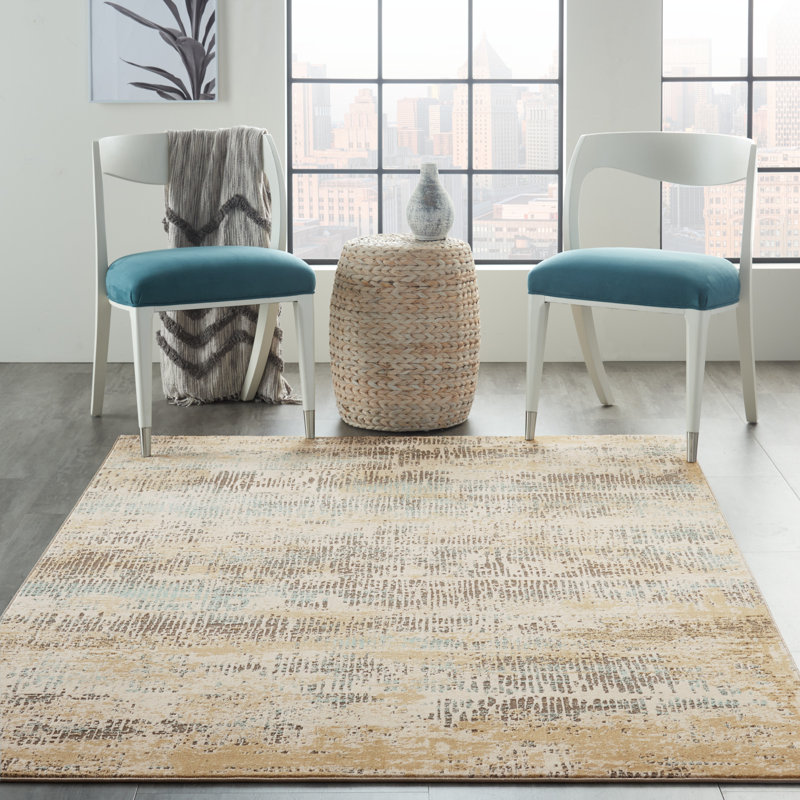 Abstract Area Rug in Beige/Blue, Rectangle 4' x 6'