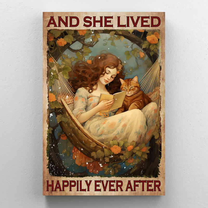 Cat And She Lived Happily Ever After - 1 Piece Rec " Cat And She Lived Happily Ever After - 1 Piece Rectangle Graphic Art Print On Wrapped Canvas "