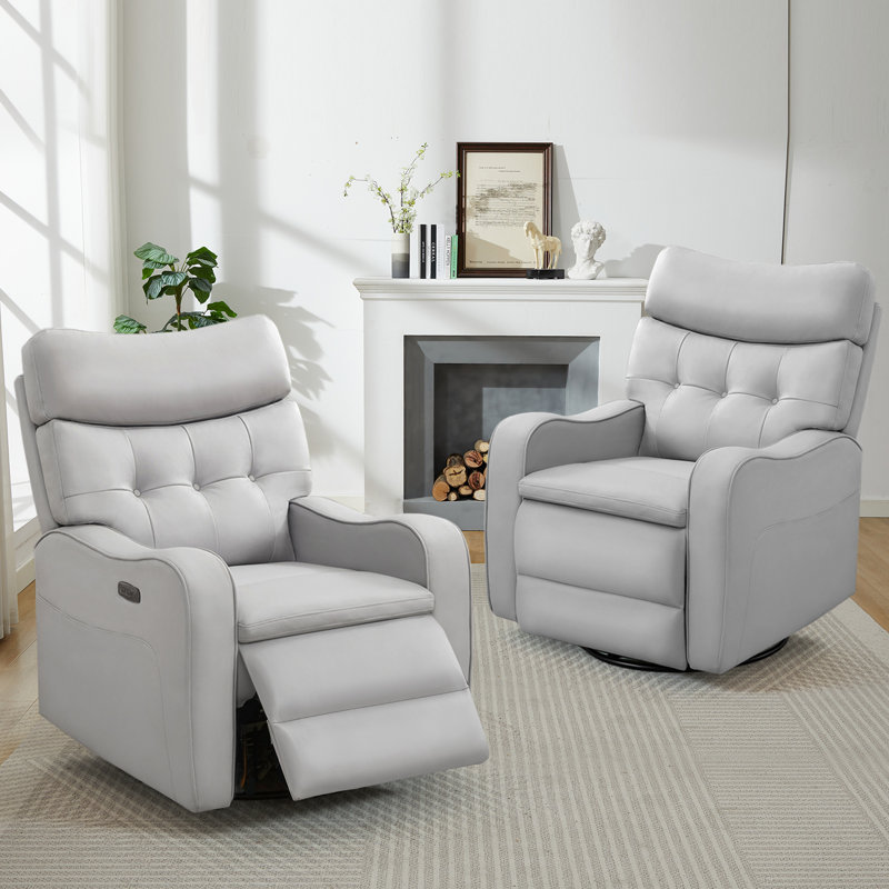  Myah 36.6''W Modern Faux Leather Power Recliner Chair With Swivel and Rocker, USB Port and Type-C Port , Gray