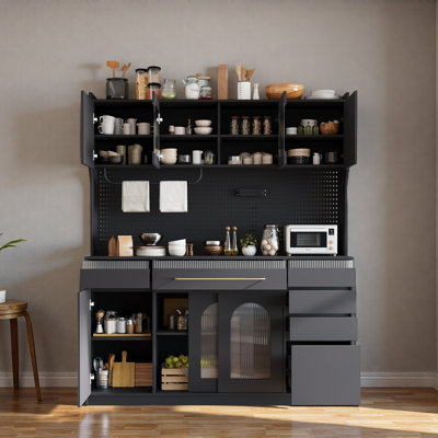 Freestanding 63'' W Buffet With Hutch, Large Coffee Bar Storage Cabinet With 6 Drawers, 5 Cabinets With Adjustable Shelves,Pegboard,Towel Rack, Power Outlet