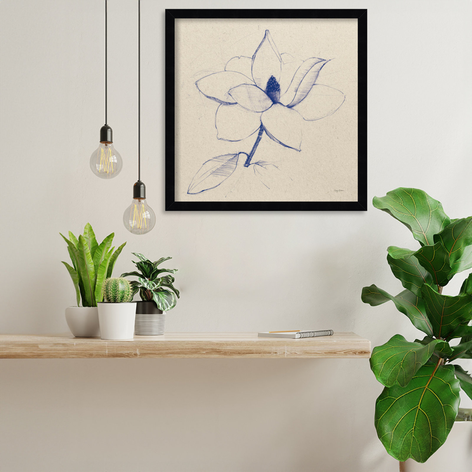 Modern Vintage Floral II Indigo Print, Black, 17" H x 17" W x 1" D