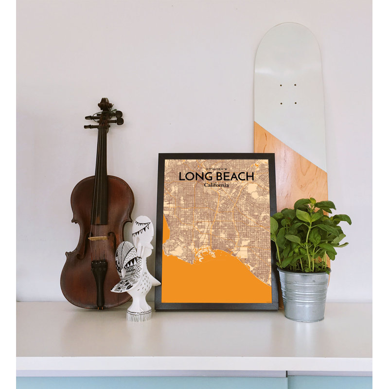 «Long Beach City Map», reproduction d'impression sur affiche en orange clair, H 24 po x l 18 po