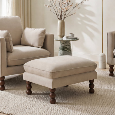 Marilyn Upholstered Pouffe Footstool With Walnut Stained Rubberwood Legs - Classic Detailed Design