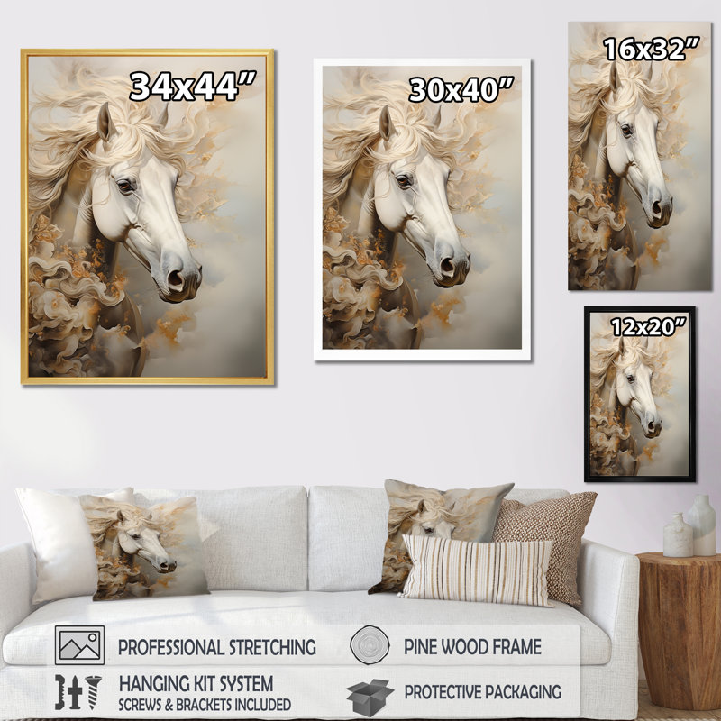 Minimal portrait de cheval beige et blanc sur toile, Cadre photo noir, H 44 po x l 34 po x P 1,5 po