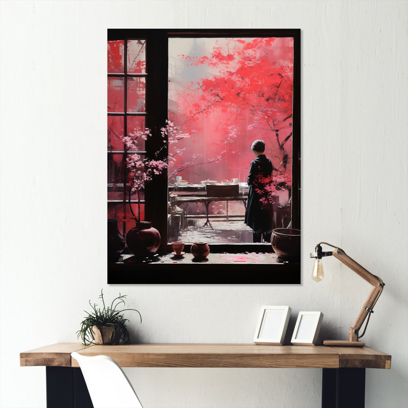 Rose rose, fenêtre, femme, art mural, H 32 po x l 16 po x P 1 po