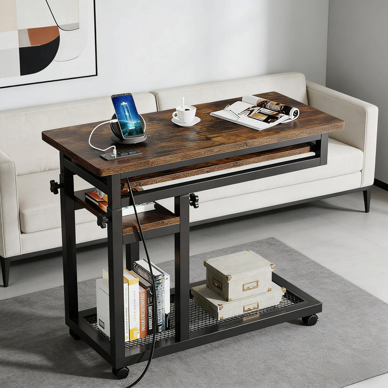Table d'appoint avec roulettes, table mobile en C durable, bureau étroit, station de charge pratique