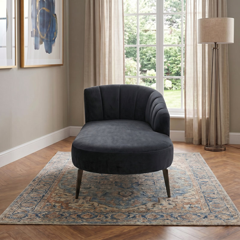 Chaise longue rembourrée en velours Odey avec pieds noirs, Black