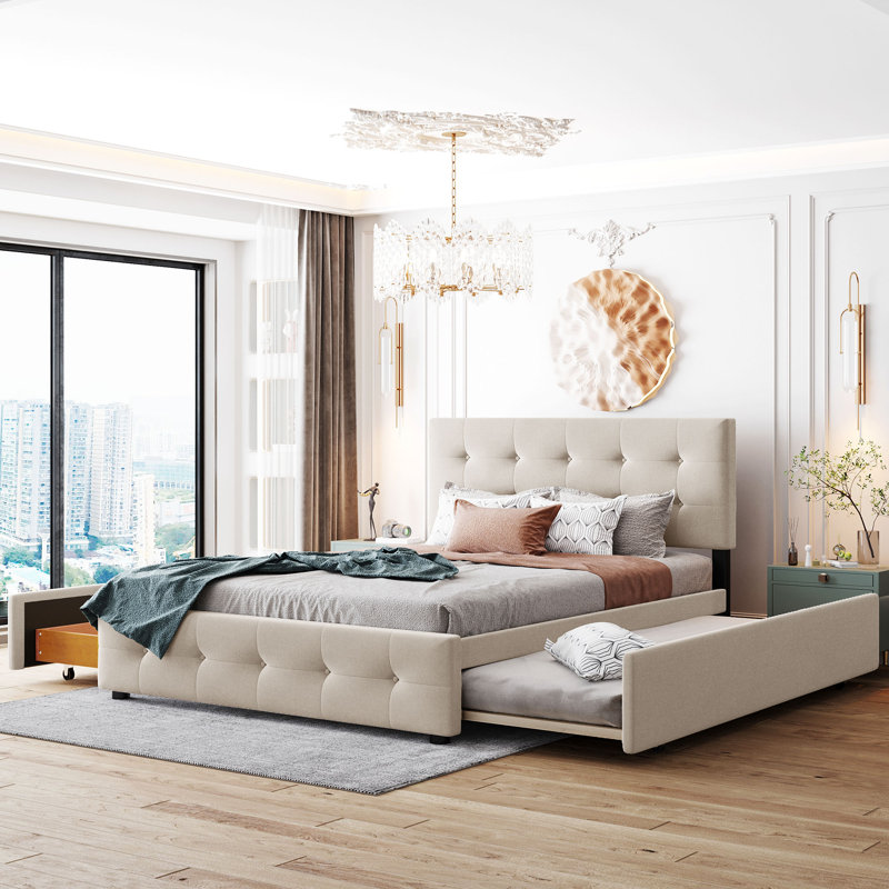 Dearbhaile Queen Tufted Storage Platform Bed with Trundle and Headboard, Dark Beige