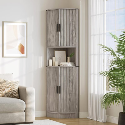 Grande armoire de rangement d'angle - 4 portes, 5 tablettes, conception cannelée moderne - Huche de coin, armoire ou garde-manger pour la cuisine, le salon ou la salle de bain - Gris rustique