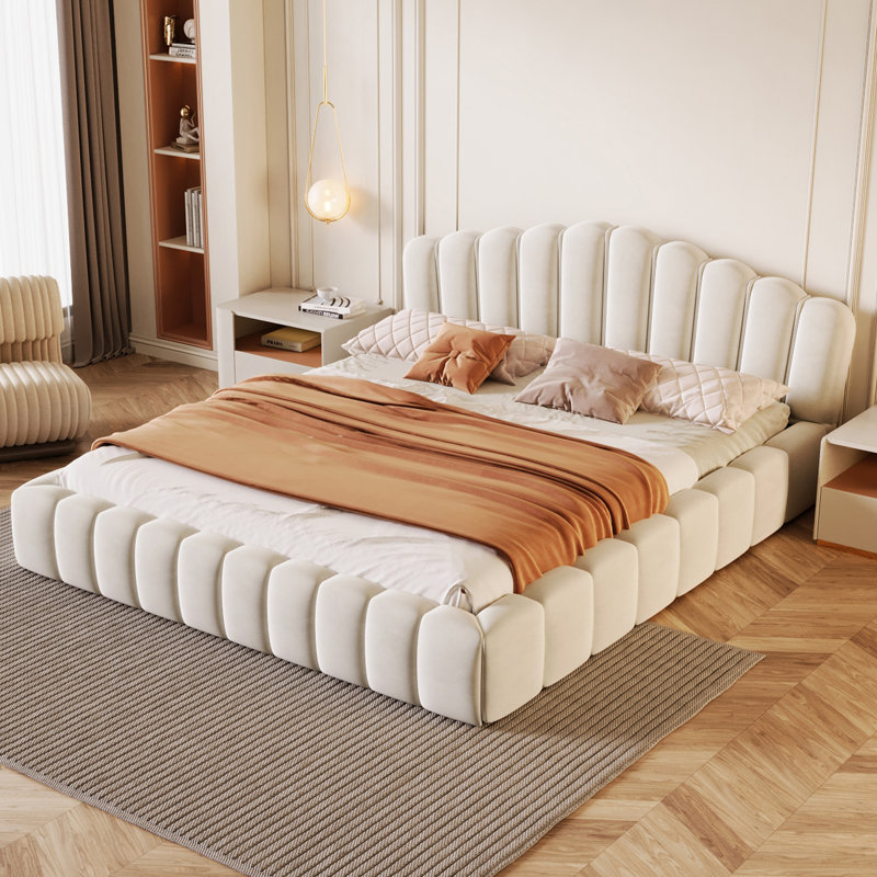 Tête de lit tapissier en velours pour lit double, sans sommier tapissier, beige