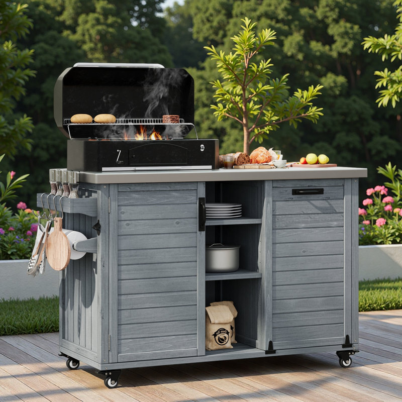 Îlot de cuisine extérieur avec table de barbecue pliable, rangement pour poubelle, plateau en acier inoxydable, grande armoire de rangement et tablettes ouvertes