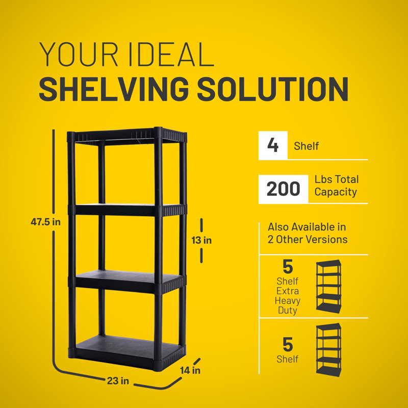 4-shelf Plastic Storage Shelves, 48” X 23” X 14”
