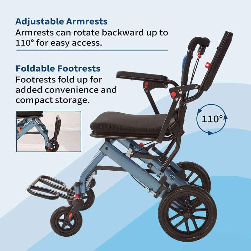Fauteuil roulant compact pliant - Fauteuil de transport léger en aluminium absorbant les chocs