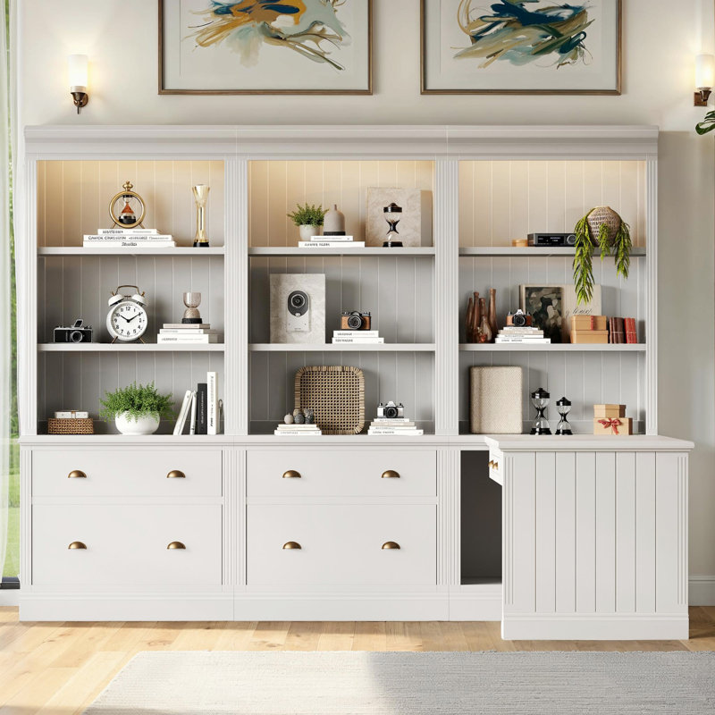 Ensemble de bibliothèque moderne 3 pièces, 83 pouces de hauteur avec éclairage DEL, 5 tiroirs et tablettes réglables, panneau de fibres à densité moyenne blanc