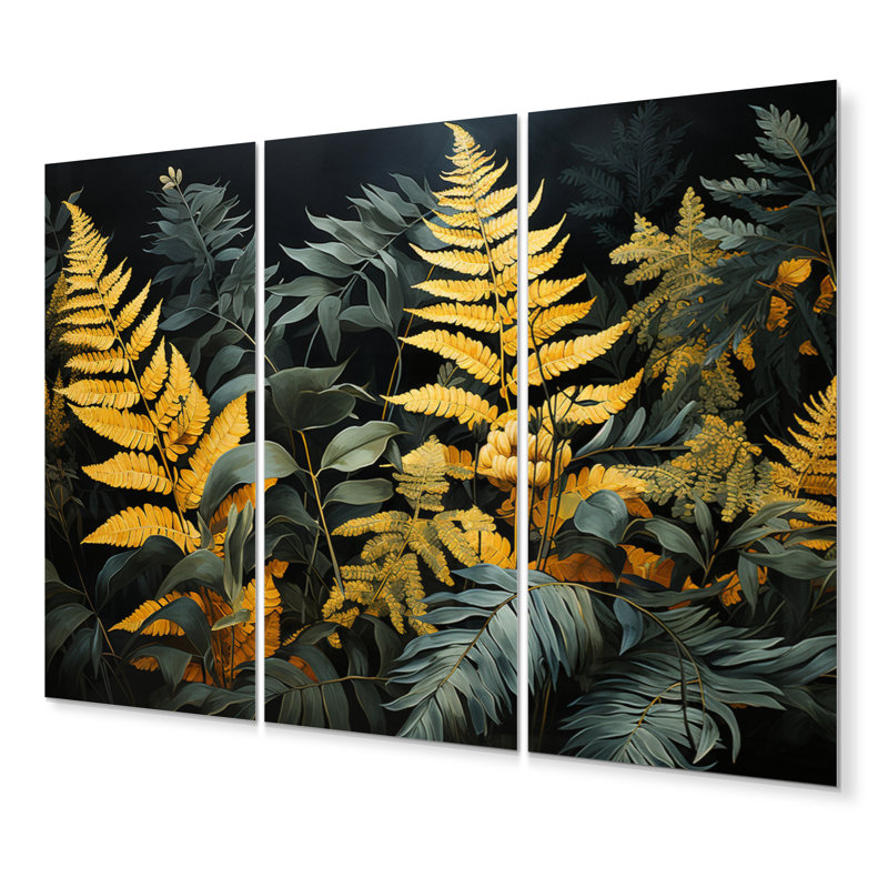 Fougères jaunes - Oasis dorée - Ensemble de décoration murale en métal floral